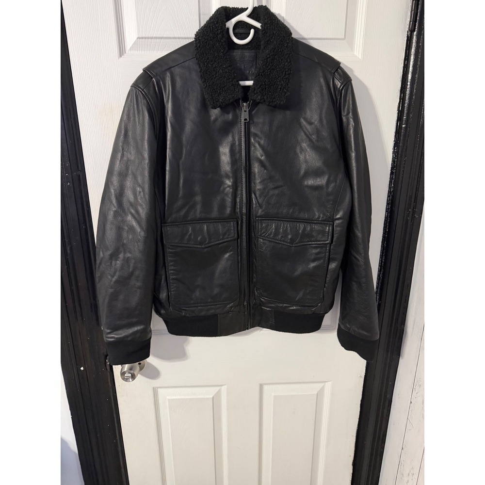 Levis Mens Black Leather Bomber Jacket Faux Shearling Collar Flight Coat Large